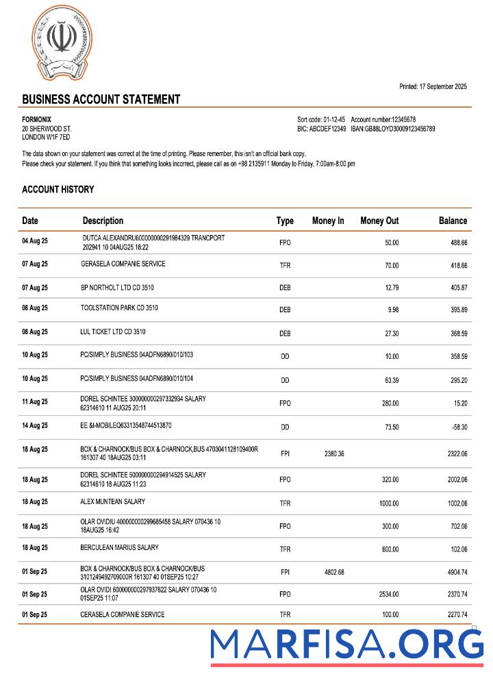 Downloadable Iran Bank Sepah bank enterprise account statement Word and PDF template